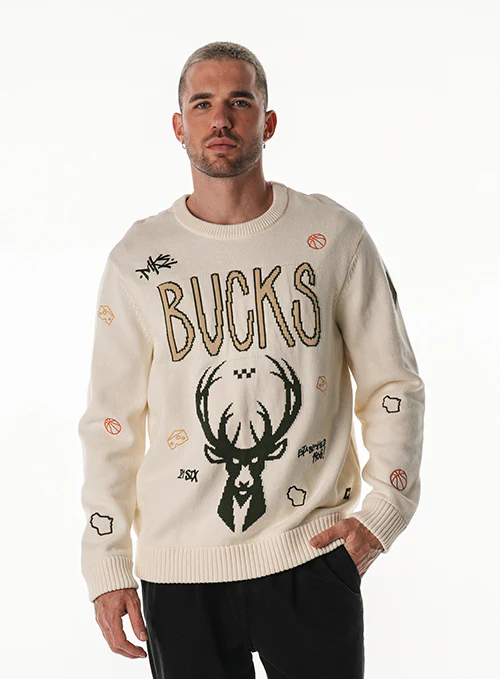 Bucks In Six x The Wild Collective All Over Print Jacquard Milwaukee Bucks Crewneck Sweater