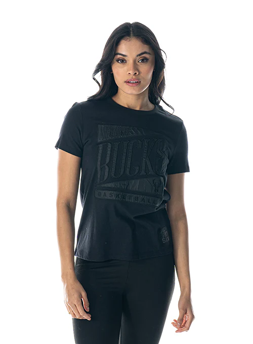 Women's Bucks in Six x The Wild Collective Satin Applique Black Milwaukee Bucks T-Shirt