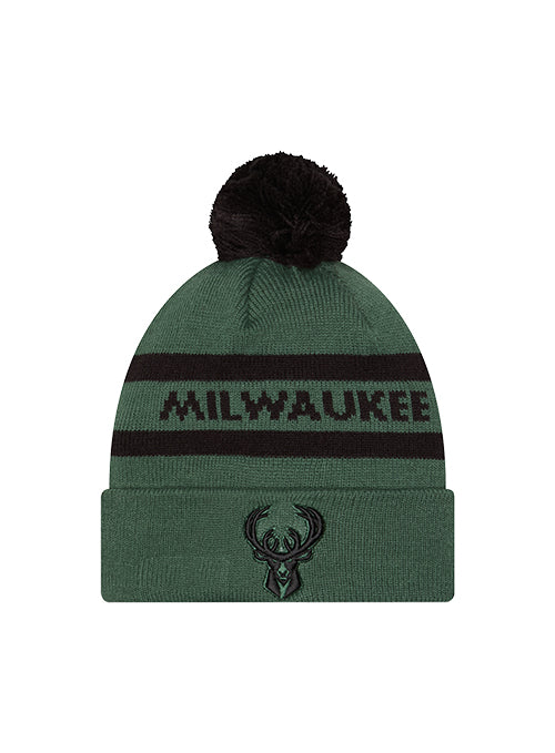 New Era Text Green Milwaukee Bucks Pom Knit Hat