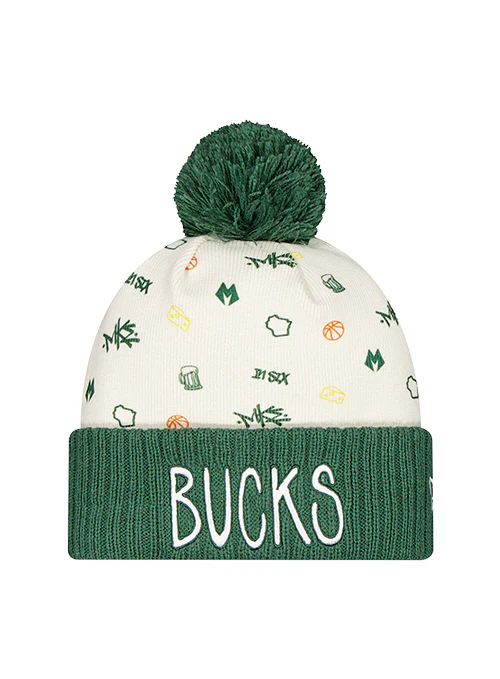New Era Wisconsin All Over Print Milwaukee Bucks Cuff Pom Knit Hat