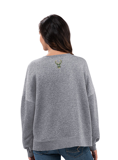 Women's G-III Shining Sequins Grey Milwaukee Bucks Crewneck Sweatshirt - Image 2